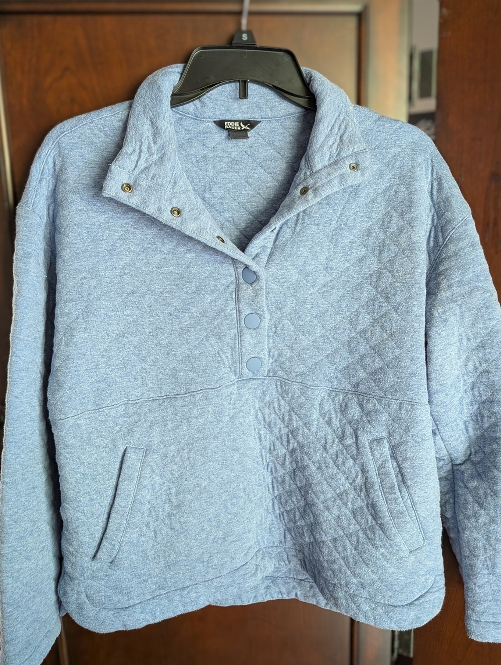 Eddie Bauer Heathered Light Blue Quilted Snap Pullover